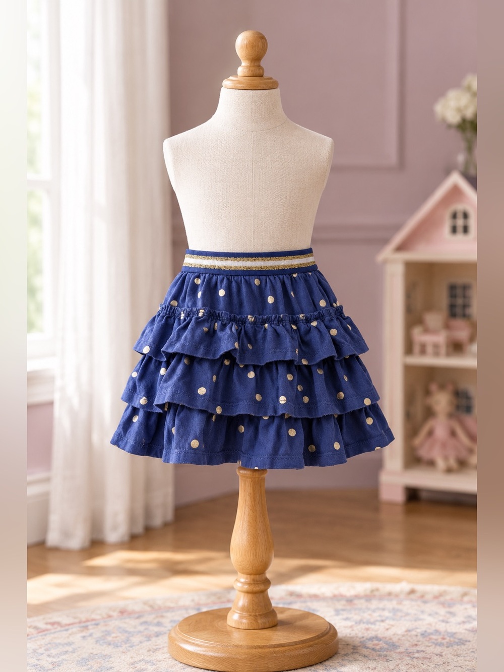 Boden Navy Blue Tiered Ruffle Skirt with Gold Polka Dots